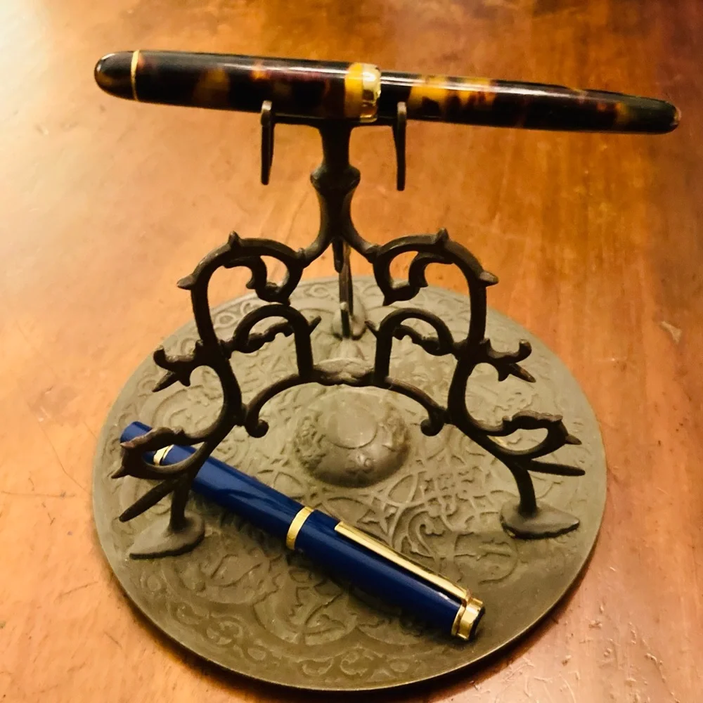 Antique Bronze desk pen holder/ rest probably Persian Islamic symbols on base
